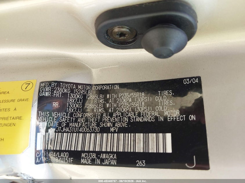 2004 Lexus Rx VIN JTJHA31U140063730 IAAI salvage auction — LEFT SIDE, Rebuildable (Florida), sold $950 on 2026-07-09 (photo 9)