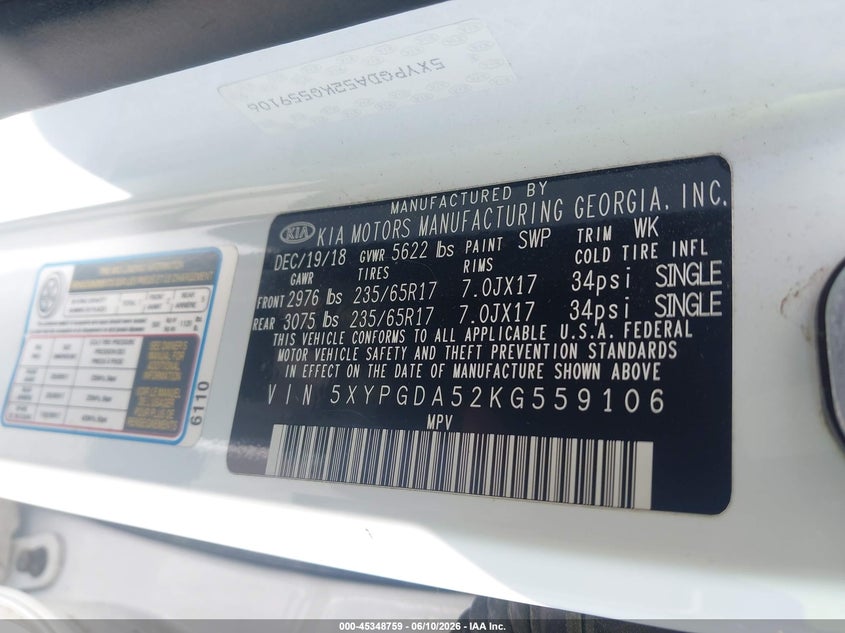 2019 Kia Sorento VIN 5XYPGDA52KG559106 IAAI salvage auction — FRONT END, Salvage (Georgia), sold $1,850 on 2026-07-14 (photo 9)