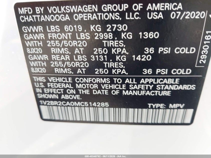 2021 Volkswagen Atlas VIN 1V2BR2CA0MC514285 IAAI salvage auction — FRONT END, Certificate Of Destruction (Florida), sold $4,900 on 2026-08-01 (photo 9)