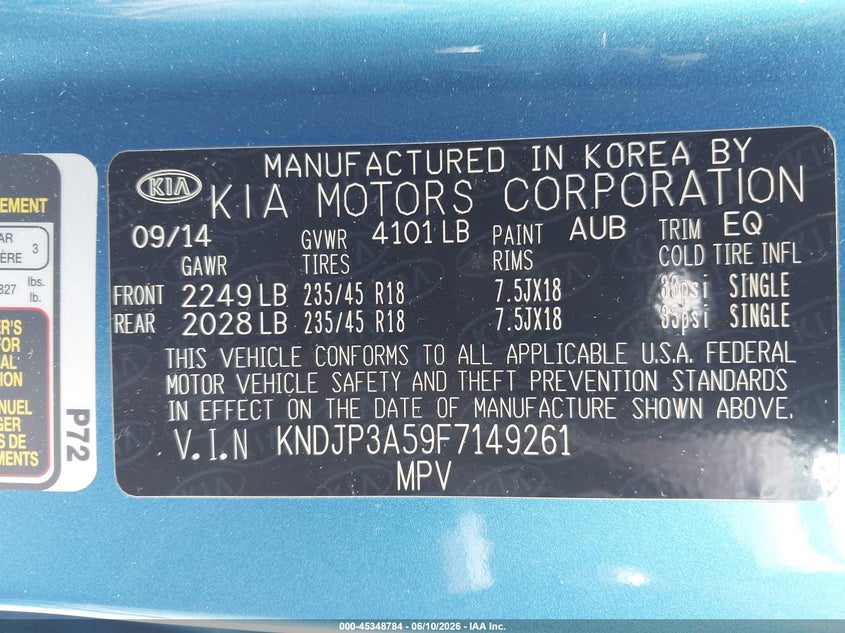 2015 Kia Soul VIN KNDJP3A59F7149261 IAAI salvage auction — REAR END, Salvage Title, sold $800 on 2026-07-15 (photo 9)