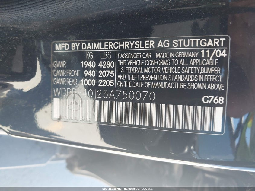 2005 Mercedes-benz C class VIN WDBRF40J25A750070 IAAI salvage auction — NORMAL WEAR, Clear - Dealer Only (California), sold $325 on 2026-07-06 (photo 9)