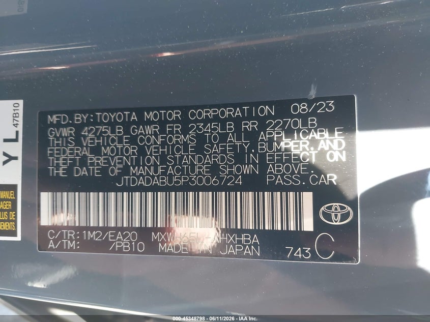 2023 Toyota Prius VIN JTDADABU5P3006724 IAAI salvage auction — FRONT END, Wait Title, sold $8,075 on 2026-07-31 (photo 9)