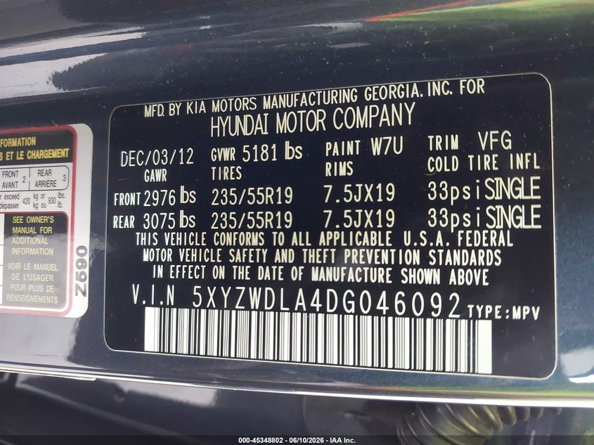 2013 Hyundai Santa fe VIN 5XYZWDLA4DG046092 IAAI salvage auction — REAR END, Bill Of Sale (Washington), sold $1,650 on 2026-07-22 (photo 9)
