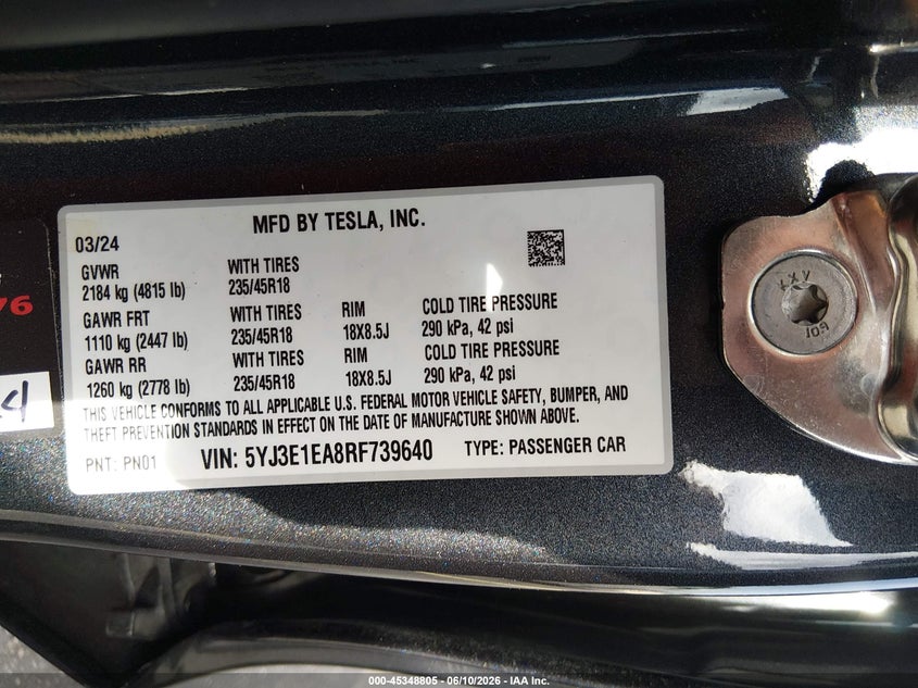 2024 Tesla Model 3 VIN 5YJ3E1EA8RF739640 IAAI salvage auction — LEFT FRONT, Salvage Title, sold $10,300 on 2026-08-02 (photo 9)