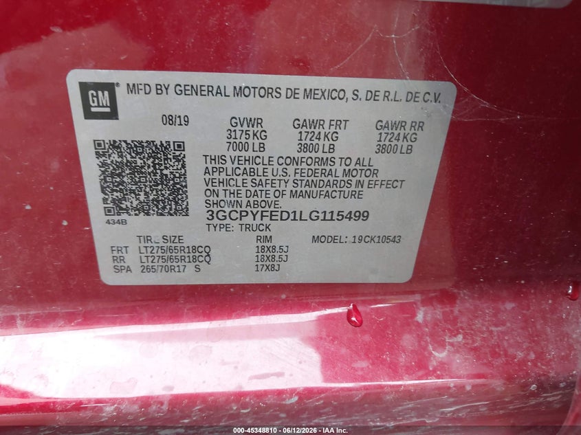 2020 Chevrolet Silverado VIN 3GCPYFED1LG115499 IAAI salvage auction — WATER/FLOOD, Salvage Title, sold $9,400 on 2026-07-30 (photo 9)