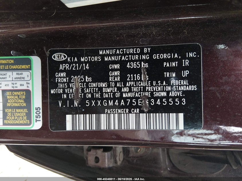 2014 Kia Optima VIN 5XXGM4A75EG345553 IAAI salvage auction — FRONT END, Salvage (Ohio), sold $650 on 2026-07-08 (photo 9)