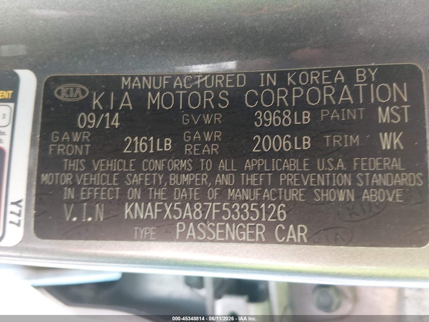 2015 Kia Forte VIN KNAFX5A87F5335126 IAAI salvage auction — LEFT FRONT, Salvage Title, sold $1,400 on 2026-07-29 (photo 9)