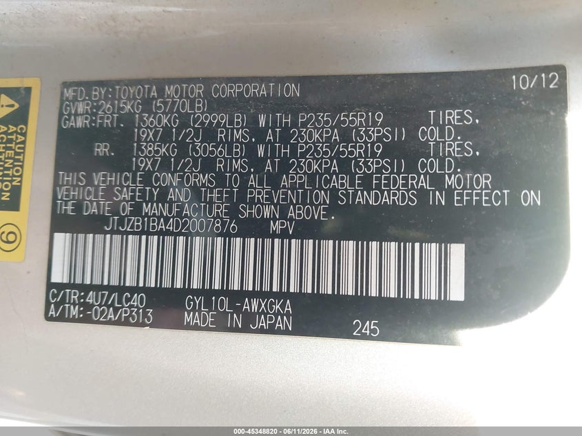 2013 Lexus Rx VIN JTJZB1BA4D2007876 IAAI salvage auction — ENGINE DAMAGE, Salvage (Texas), sold $2,300 on 2026-07-28 (photo 9)