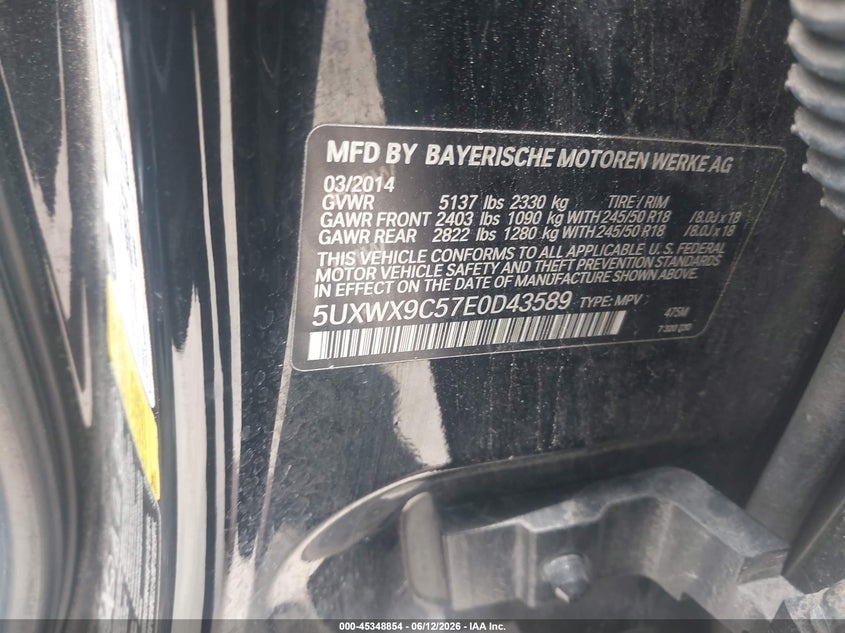 2014 BMW X3 VIN 5UXWX9C57E0D43589 IAAI salvage auction — ELECTRICAL, Clear (Montana), sold $500 on 2026-07-24 (photo 9)