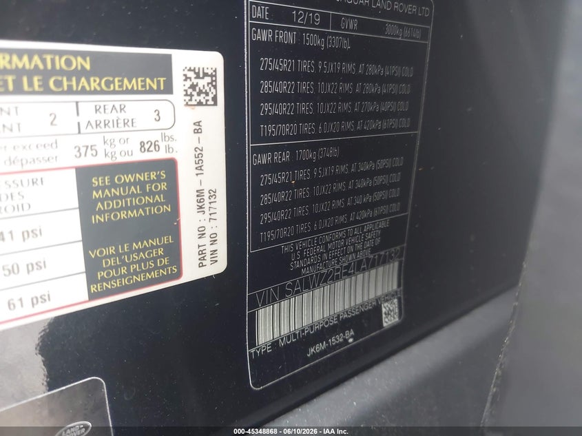 2020 Land rover Range rover sport VIN SALWZ2RE4LA717132 IAAI salvage auction — FRONT & REAR, Salvage Title, sold $14,800 on 2026-08-19 (photo 9)