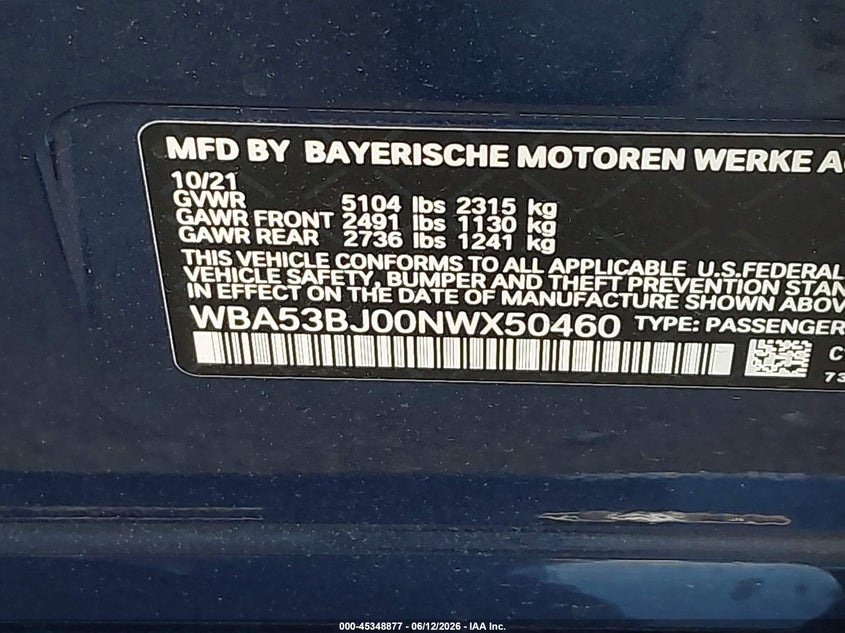 2022 BMW 5er VIN WBA53BJ00NWX50460 IAAI salvage auction — REAR END, Original (Texas), sold $20,700 on 2026-08-09 (photo 9)