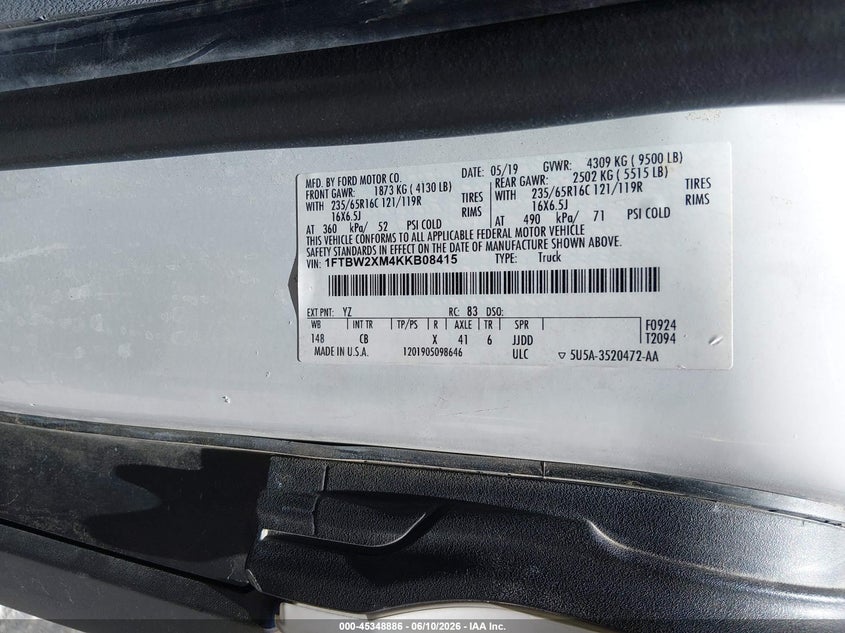 2019 Ford Transit-350 VIN 1FTBW2XM4KKB08415 IAAI salvage auction — SIDE, Sf97 (California), sold $19,300 on 2026-07-28 (photo 9)