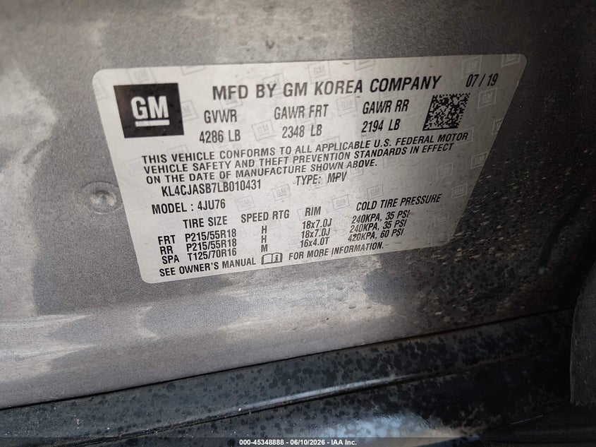 2020 Buick Encore VIN KL4CJASB7LB010431 IAAI salvage auction — FRONT END, Salvage (Kansas), sold $400 on 2026-07-18 (photo 9)