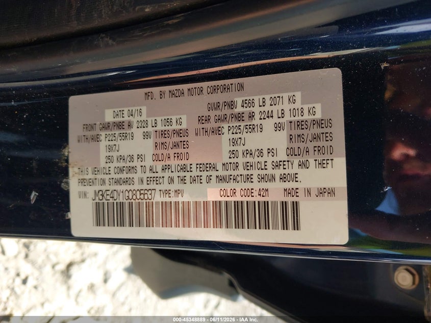 2016 Mazda Cx-5 VIN JM3KE4DY1G0805637 IAAI salvage auction — ROOF, Salvage Title, sold $3,900 on 2026-07-21 (photo 9)