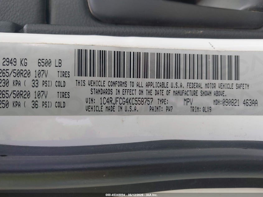 2019 Jeep Grand cherokee VIN 1C4RJFCG4KC558757 IAAI salvage auction — HAIL, Salvage Title, sold $5,500 on 2026-07-21 (photo 9)