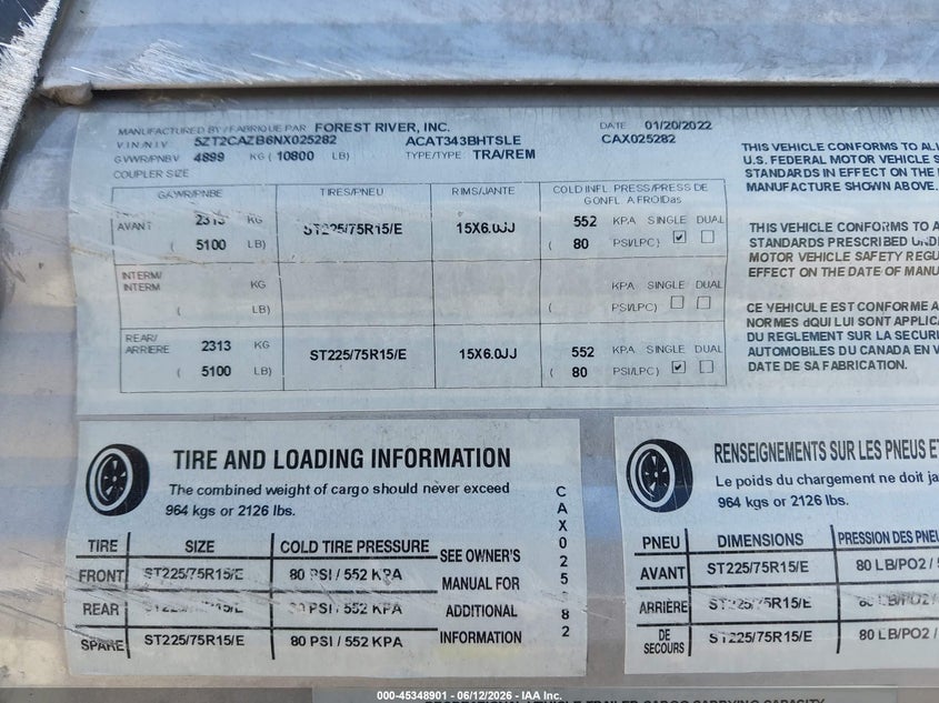 2022 Coachmen Catalina VIN 5ZT2CAZB6NX025282 IAAI salvage auction — REAR END, Junk Bill Of Sale Mv2459 (Wisconsin), sold $200 on 2026-07-15 (photo 9)