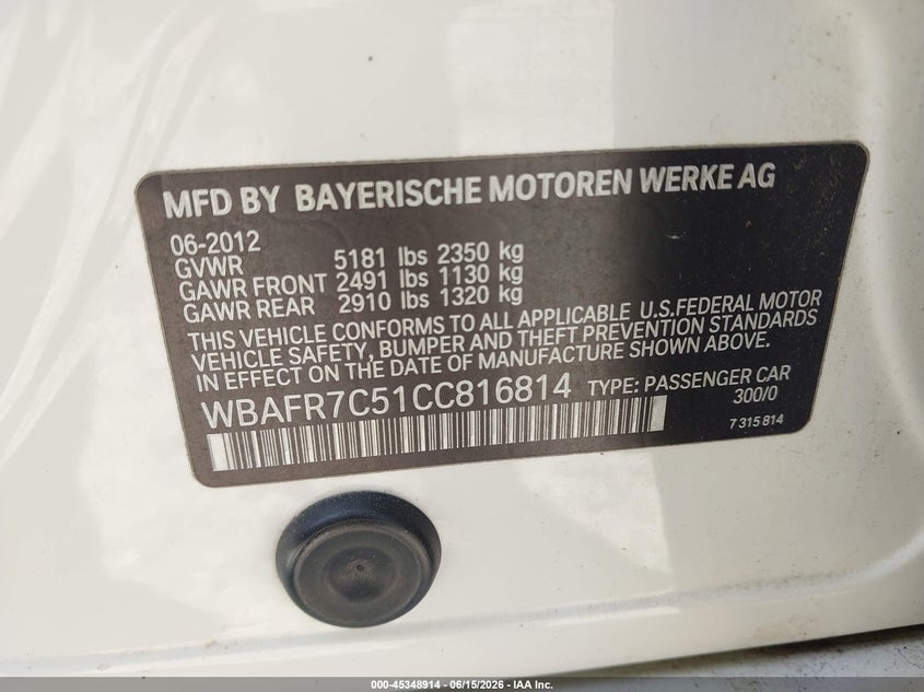 2012 BMW 5er VIN WBAFR7C51CC816814 IAAI salvage auction — FRONT END, Salvage (Georgia), sold $3,700 on 2026-07-11 (photo 9)