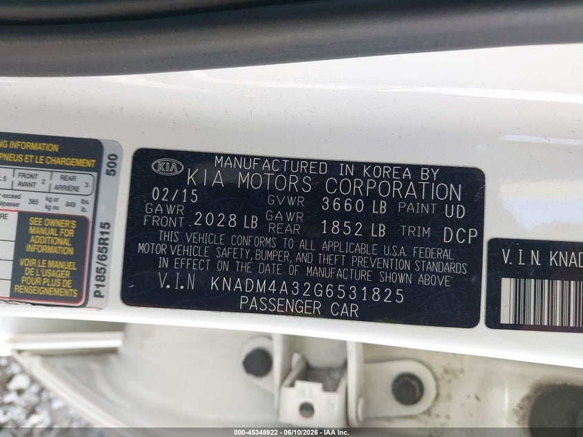 2016 Kia Rio VIN KNADM4A32G6531825 IAAI salvage auction — FRONT END, Bill Of Sale (Washington), sold $275 on 2026-07-08 (photo 9)