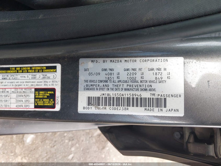 2010 Mazda 3 VIN JM1BL1S50A1158946 IAAI salvage auction — RIGHT FRONT, Salvage (Texas), sold $325 on 2026-07-24 (photo 9)