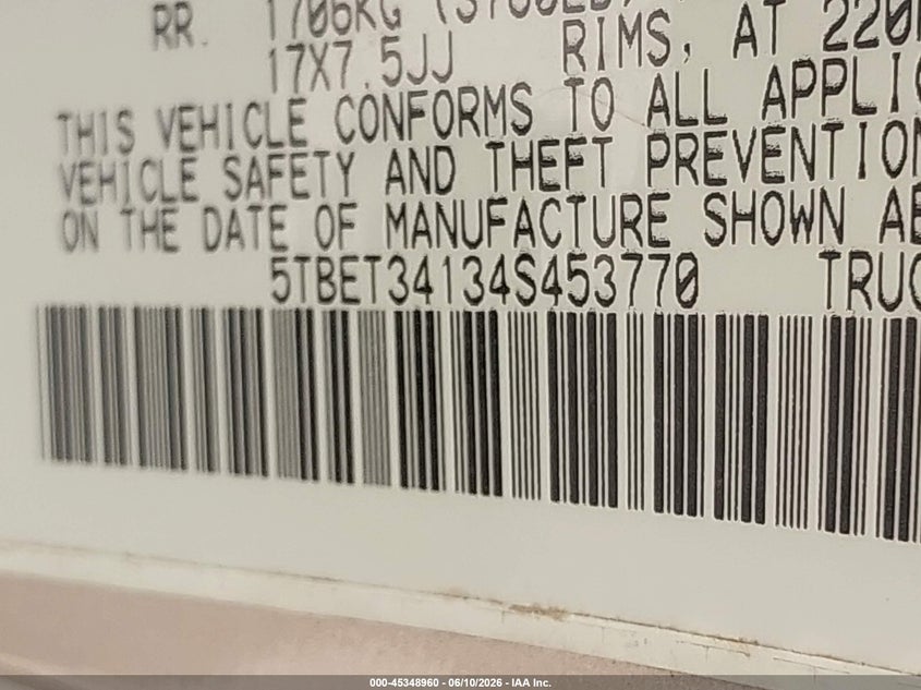 2004 Toyota Tundra VIN 5TBET34134S453770 IAAI salvage auction — FRONT & REAR, Original (Texas), sold $2,600 on 2026-07-09 (photo 9)