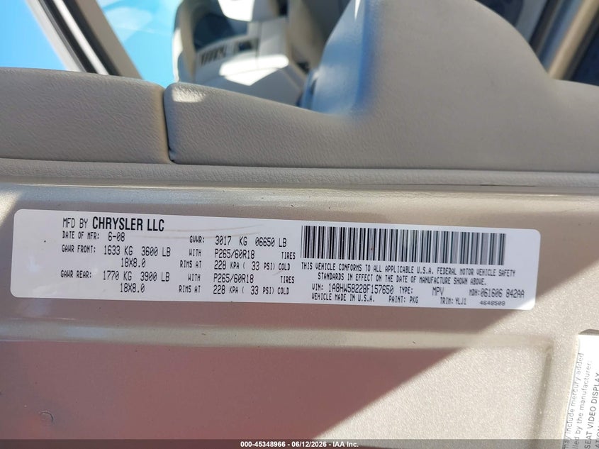 2008 Chrysler Aspen VIN 1A8HW58228F157650 IAAI salvage auction — NORMAL WEAR, Clear (Missouri), sold $650 on 2026-07-14 (photo 9)