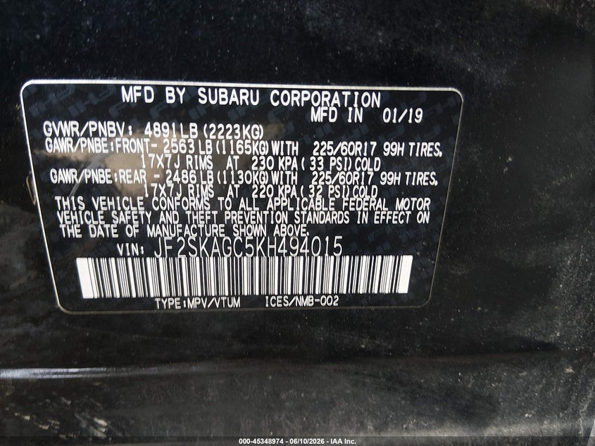 2019 Subaru Forester VIN JF2SKAGC5KH494015 IAAI salvage auction — FRONT END, Salvage (Delaware), sold $1,450 on 2026-07-27 (photo 9)