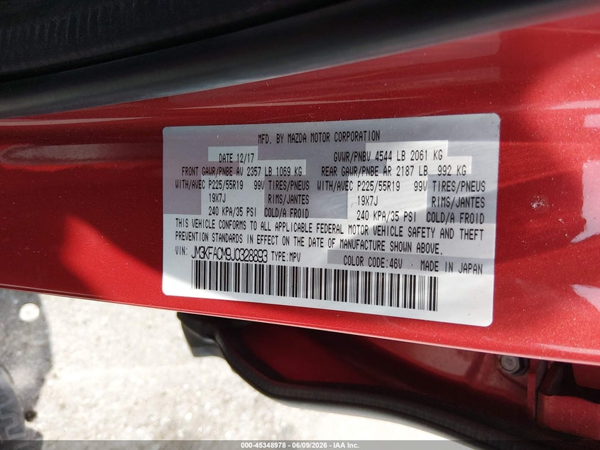 2018 Mazda Cx-5 VIN JM3KFACM9J0328893 IAAI salvage auction — FRONT & REAR, Salvage Title, sold $2,050 on 2026-07-13 (photo 9)