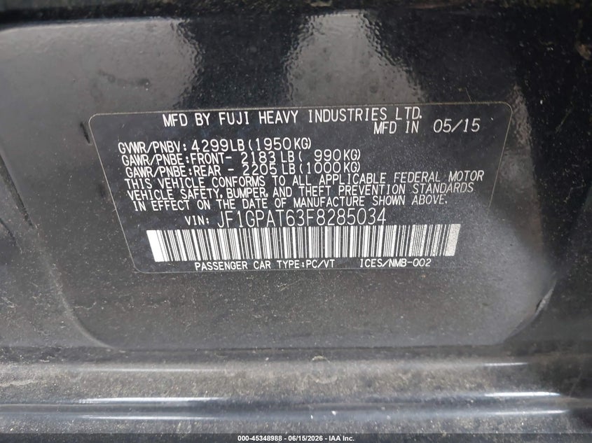 2015 Subaru Impreza VIN JF1GPAT63F8285034 IAAI salvage auction — ROLLOVER, Salvage Title, sold $825 on 2026-07-23 (photo 9)