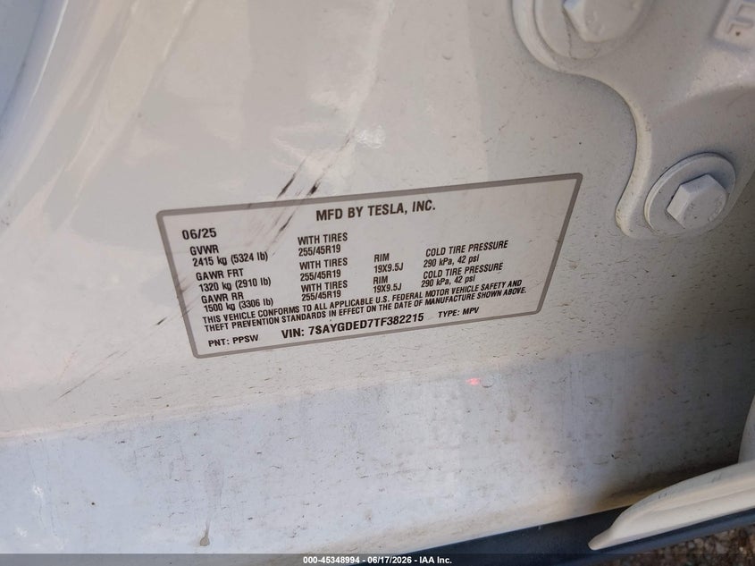 2026 Tesla Model y VIN 7SAYGDED7TF382215 IAAI salvage auction — REAR END, Salvage (Oklahoma), sold $21,100 on 2026-07-08 (photo 9)