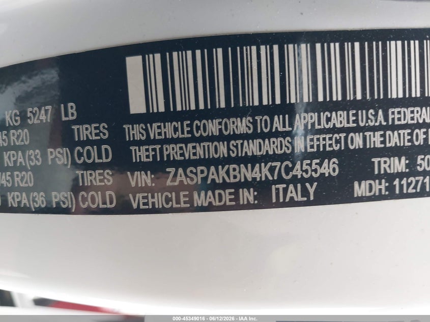2019 Alfa romeo Stelvio VIN ZASPAKBN4K7C45546 IAAI salvage auction — THEFT, Wait Title, sold $25 on 2026-08-21 (photo 9)