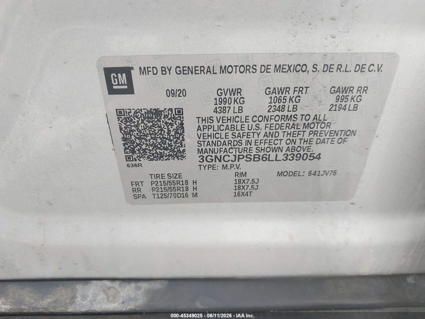 2020 Chevrolet Trax VIN 3GNCJPSB6LL339054 IAAI salvage auction — HAIL, Salvage (Ohio), sold $3,850 on 2026-07-05 (photo 9)
