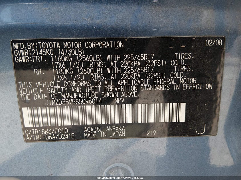 2008 Toyota Rav4 VIN JTMZD35V585096014 IAAI salvage auction — FRONT END, Salvage (California), sold $1,275 on 2026-07-13 (photo 9)
