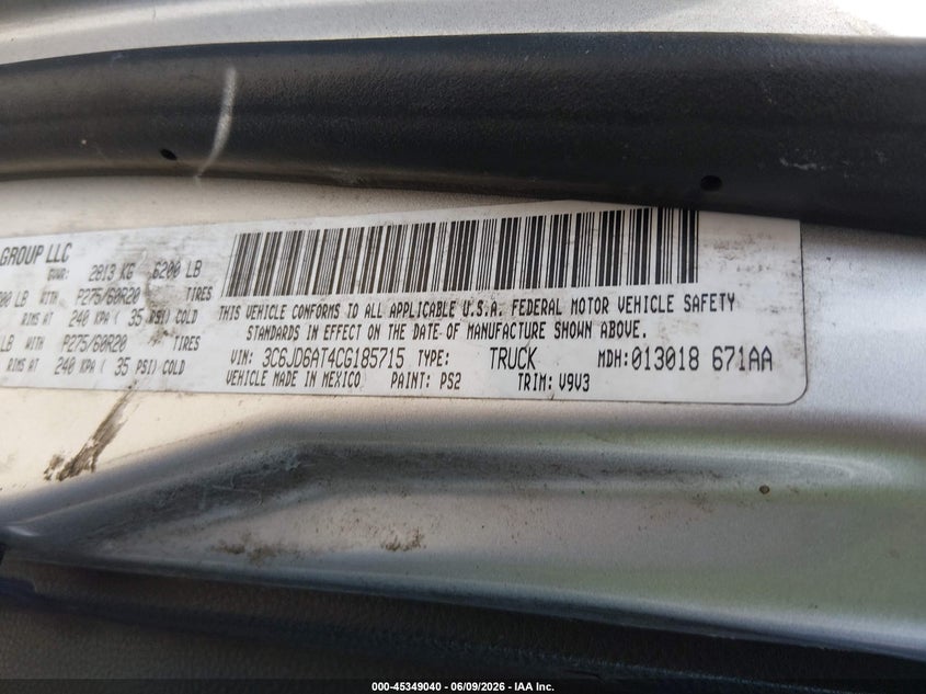2012 Ram 1500 VIN 3C6JD6AT4CG185715 IAAI salvage auction — NORMAL WEAR, Salvage Title, sold $925 on 2026-07-09 (photo 9)