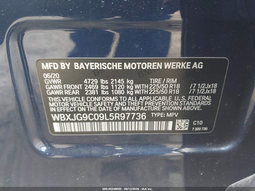 2020 BMW X1 VIN WBXJG9C09L5R97736 IAAI salvage auction — FRONT END, Salvage (New Jersey), sold $5,300 on 2026-07-19 (photo 9)