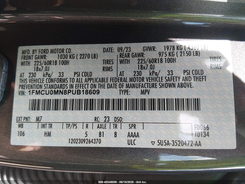 2023 Ford Escape VIN 1FMCU0MN8PUB18609 IAAI salvage auction — REAR END, Salvage Title, sold $7,500 on 2026-07-26 (photo 9)
