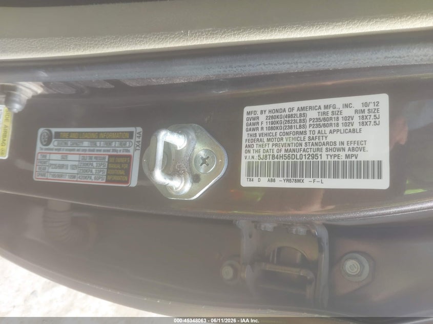 2013 Acura Rdx VIN 5J8TB4H56DL012951 IAAI salvage auction — SIDE, Clear (Oklahoma), sold $2,750 on 2026-07-31 (photo 9)