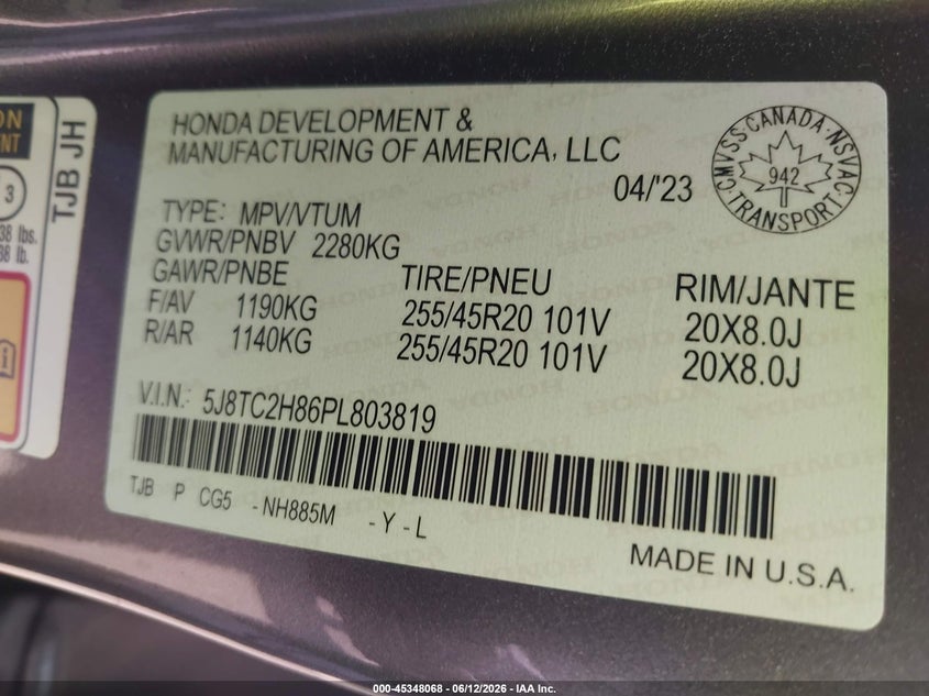 2023 Acura Rdx VIN 5J8TC2H86PL803819 IAAI salvage auction — FRONT END, Salvage Title, sold $9,250 on 2026-07-30 (photo 9)