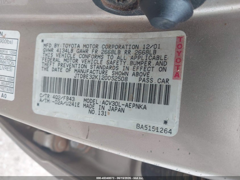 2002 Toyota Camry VIN JTDBE32K120052508 IAAI salvage auction — NORMAL WEAR, Clear - Public Restricted (Oklahoma), sold $200 on 2026-07-15 (photo 9)