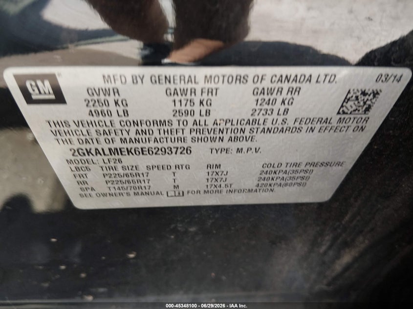 2014 Gmc Terrain VIN 2GKALMEK6E6293726 IAAI salvage auction — HAIL, Salvage (Kansas), sold $625 on 2026-07-24 (photo 9)