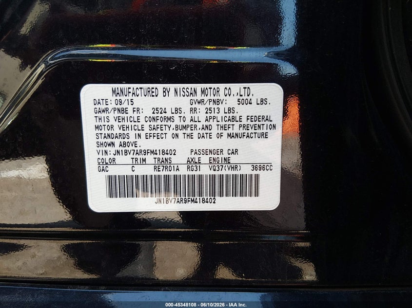 2015 Infiniti Q50 VIN JN1BV7AR9FM418402 IAAI salvage auction — LEFT SIDE, Salvage Title, sold $3,350 on 2026-07-16 (photo 9)