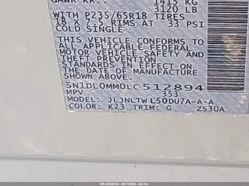 2020 Infiniti Qx60 VIN 5N1DL0MM0LC512894 IAAI salvage auction — FRONT & REAR, Salvage Title, sold $3,950 on 2026-07-29 (photo 9)