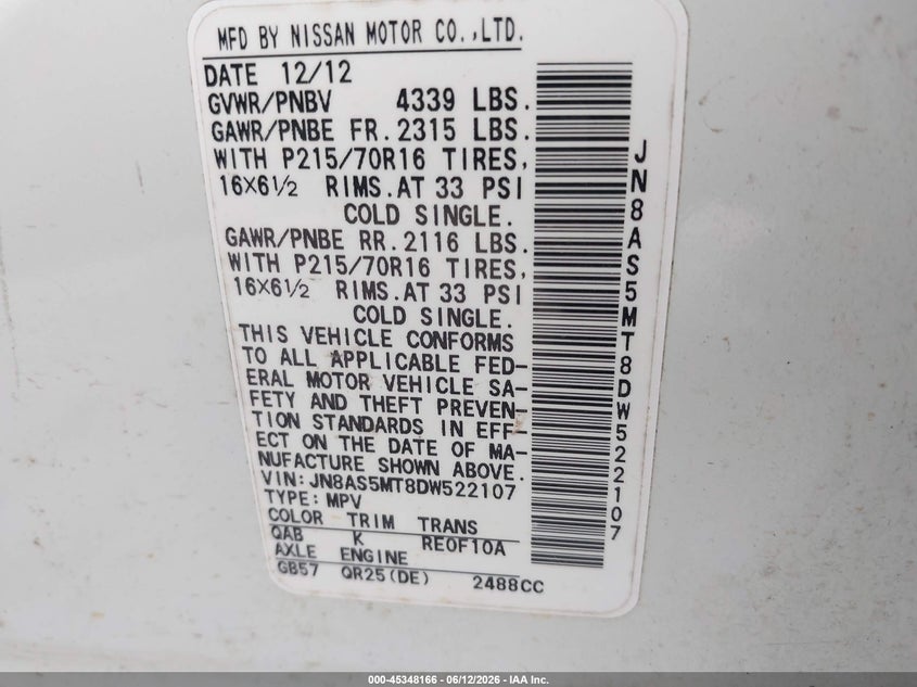 2013 Nissan Rogue VIN JN8AS5MT8DW522107 IAAI salvage auction — NORMAL WEAR, Clear - Public Restricted (Oklahoma), sold $425 on 2026-07-28 (photo 9)