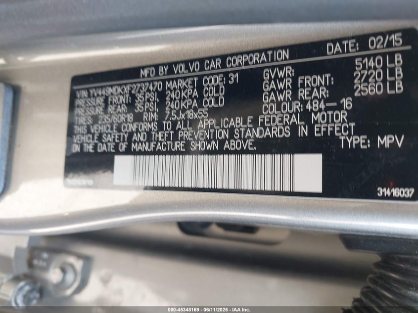 2015 Volvo Xc60 VIN YV449MDKXF2737470 IAAI salvage auction — REAR END, Salvage (Arizona), sold $3,000 on 2026-07-09 (photo 9)