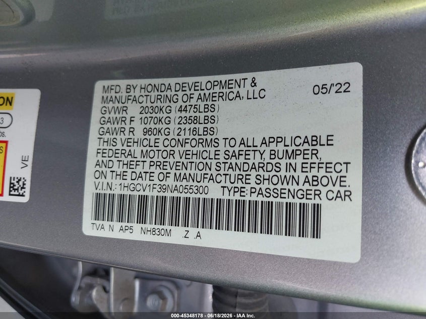 2022 Honda Accord VIN 1HGCV1F39NA055300 IAAI salvage auction — FRONT END, Salvage Title, sold $3,400 on 2026-07-29 (photo 9)