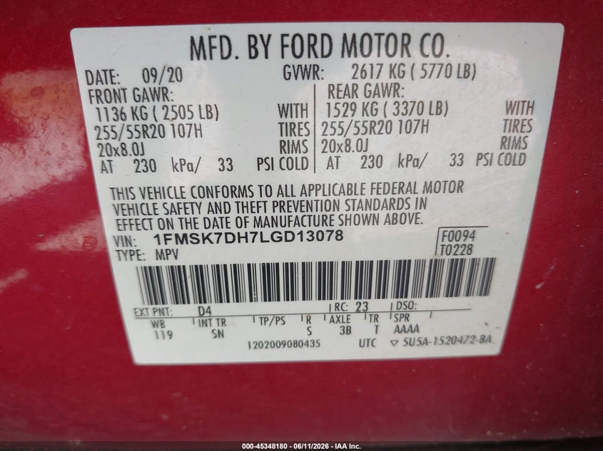 2020 Ford Explorer VIN 1FMSK7DH7LGD13078 IAAI salvage auction — ROOF, Salvage (Mississippi), sold $4,300 on 2026-07-09 (photo 9)