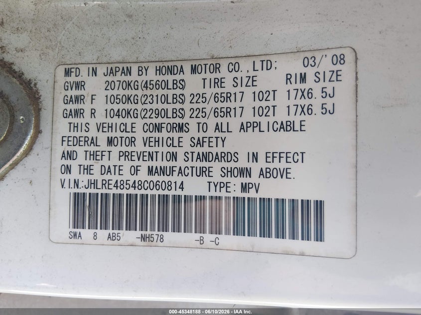 2008 Honda Cr-v VIN JHLRE48548C060814 IAAI salvage auction — NORMAL WEAR, Clear (Arkansas), sold $1,100 on 2026-07-08 (photo 9)