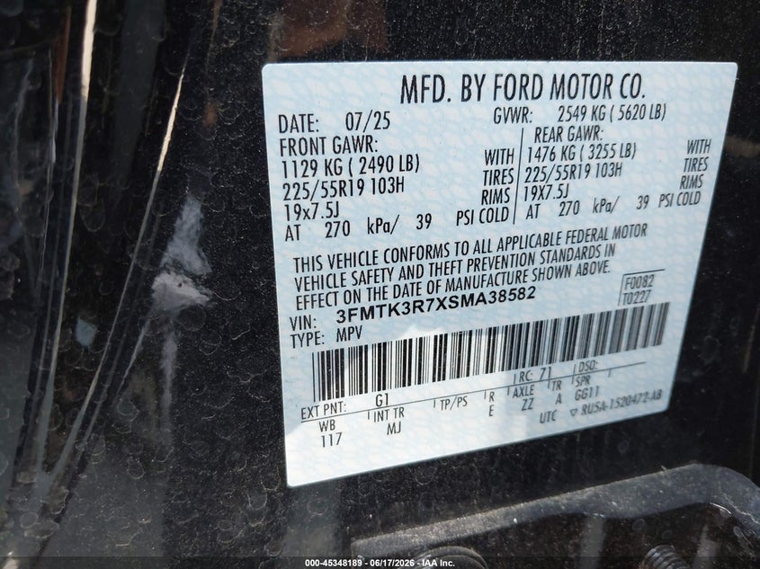 2025 Ford Mustang mach-e VIN 3FMTK3R7XSMA38582 IAAI salvage auction — RIGHT SIDE, Salvage Title, sold $8,050 on 2026-07-22 (photo 9)