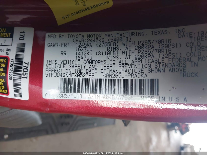 2014 Toyota Tacoma VIN 5TFJU4GN4EX052599 IAAI salvage auction — LEFT FRONT, Salvage (Tennessee), sold $1,650 on 2026-07-29 (photo 9)