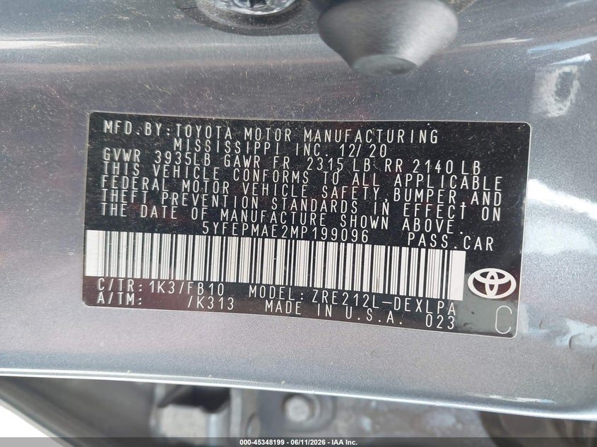 2021 Toyota Corolla VIN 5YFEPMAE2MP199096 IAAI salvage auction — HAIL, Original (Texas), sold $5,200 on 2026-07-29 (photo 9)