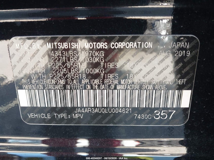 2020 Mitsubishi Outlander VIN JA4AR3AU0LU004621 IAAI salvage auction — REAR END, Salvage Title, sold $2,500 on 2026-08-02 (photo 9)